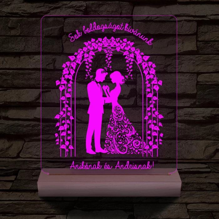 Borostyános kapu  eljegyzés, esküvő személyre szabott 20 cm fa talppal 7 színű 3D led lámpa