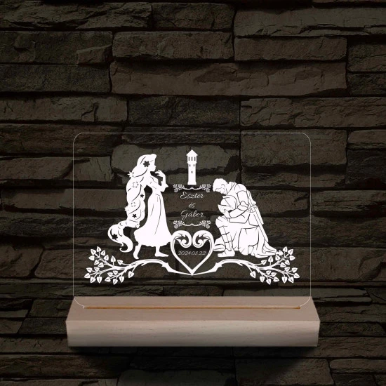 Esküvő, Hercegnő és Lovagja  személyre szabott 20 cm fa talppal 7 színű 3D led lámpa