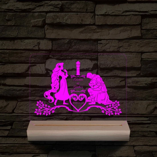 Esküvő, Hercegnő és Lovagja  személyre szabott 20 cm fa talppal 7 színű 3D led lámpa