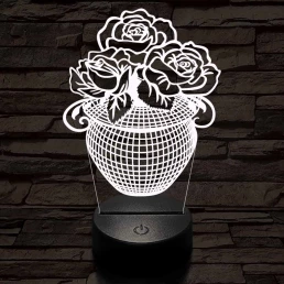 Rózsacsokor-vázában 7 színű 3D led lámpa