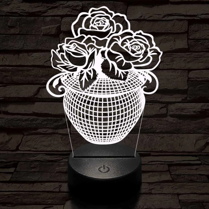 Rózsacsokor-vázában 7 színű 3D led lámpa