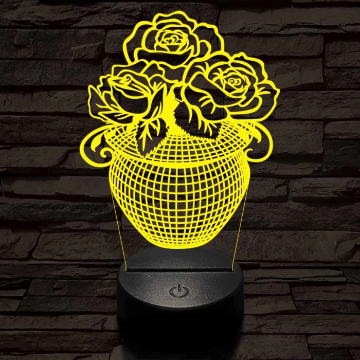 Rózsacsokor-vázában 7 színű 3D led lámpa