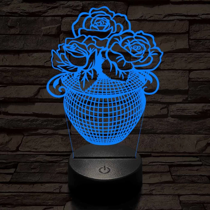 Rózsacsokor-vázában 7 színű 3D led lámpa
