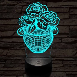 Rózsacsokor-vázában 7 színű 3D led lámpa