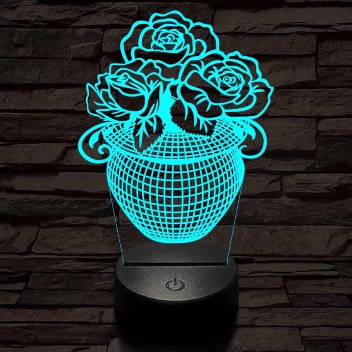 Rózsacsokor-vázában 7 színű 3D led lámpa