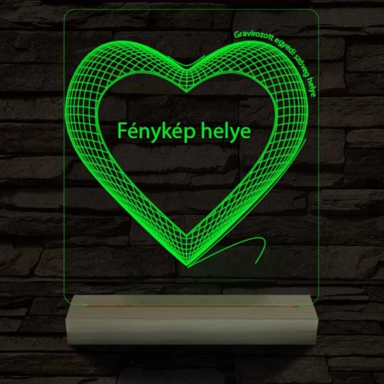 Hálós szív gravírozható képpel és szöveggel, egyedi fotógravírozás fatalppal 7 színű 3D led lámpa