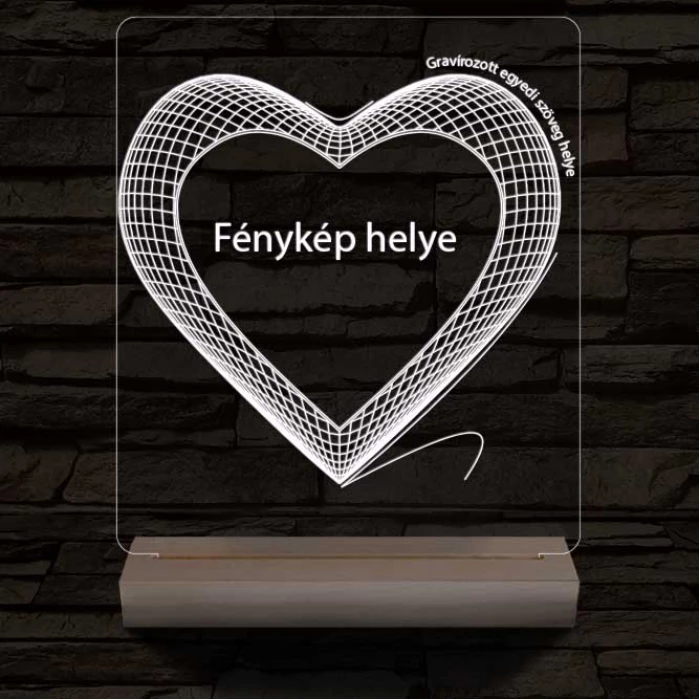Hálós szív gravírozható képpel és szöveggel, egyedi fotógravírozás fatalppal 7 színű 3D led lámpa