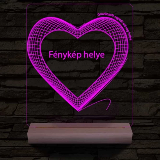 Hálós szív gravírozható képpel és szöveggel, egyedi fotógravírozás fatalppal 7 színű 3D led lámpa