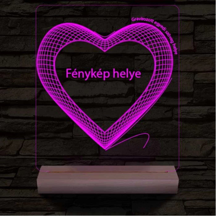 Hálós szív gravírozható képpel és szöveggel, egyedi fotógravírozás fatalppal 7 színű 3D led lámpa
