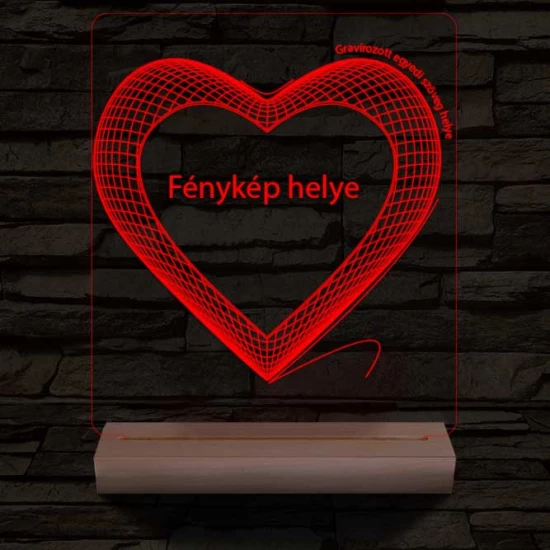 Hálós szív gravírozható képpel és szöveggel, egyedi fotógravírozás fatalppal 7 színű 3D led lámpa