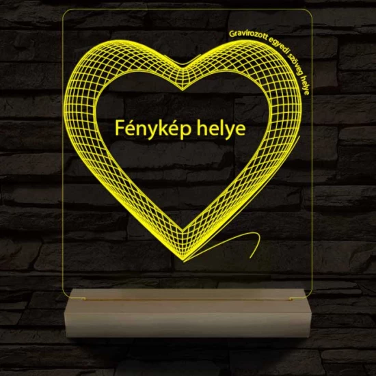 Hálós szív gravírozható képpel és szöveggel, egyedi fotógravírozás fatalppal 7 színű 3D led lámpa