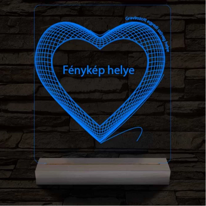 Hálós szív gravírozható képpel és szöveggel, egyedi fotógravírozás fatalppal 7 színű 3D led lámpa