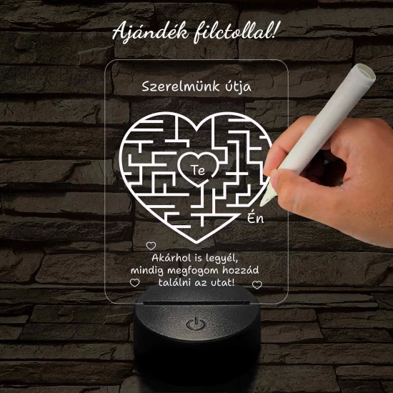 A szerelem labirintusa, szív alakú-szögletes 7 színű 3D led lámpa filccel