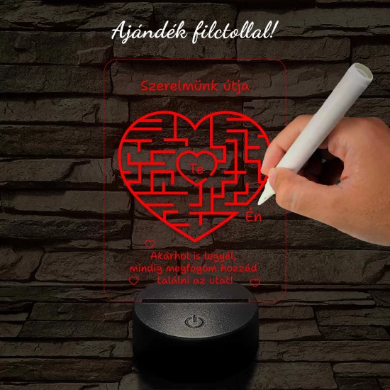 A szerelem labirintusa, szív alakú-szögletes 7 színű 3D led lámpa filccel