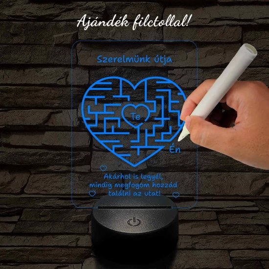A szerelem labirintusa, szív alakú-szögletes 7 színű 3D led lámpa filccel