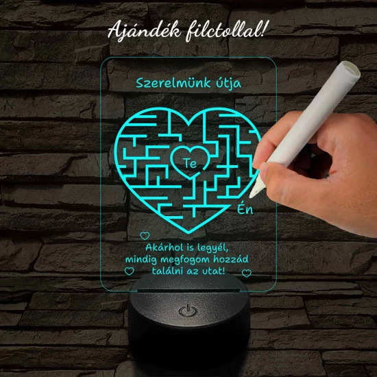 A szerelem labirintusa, szív alakú-szögletes 7 színű 3D led lámpa filccel