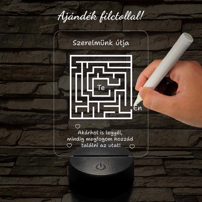 A szerelem labirintusa, kocka alakú-szögletes 7 színű 3D led lámpa filccel