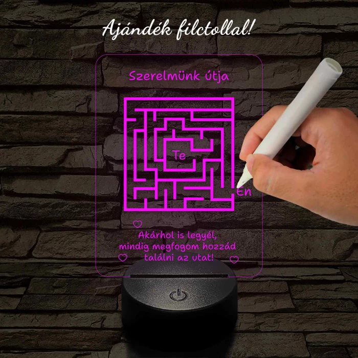 A szerelem labirintusa, kocka alakú-szögletes 7 színű 3D led lámpa filccel