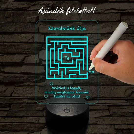 A szerelem labirintusa, kocka alakú-szögletes 7 színű 3D led lámpa filccel