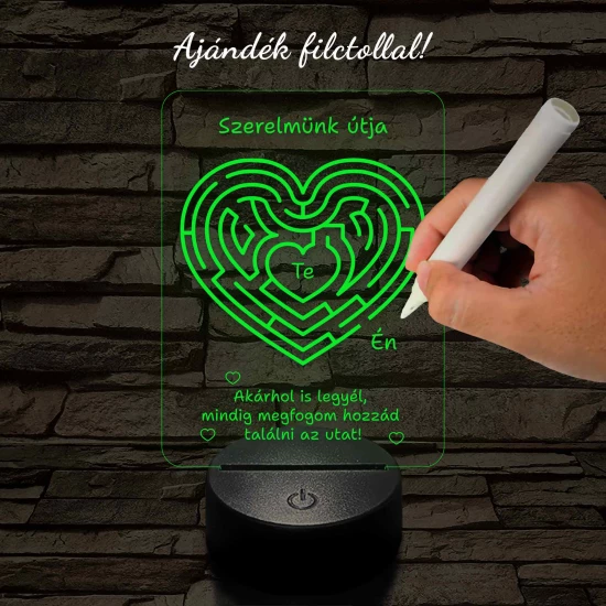 A szerelem labirintusa, szív alakú-görbülő mintás 7 színű 3D led lámpa filccel