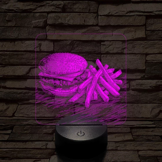 Street food sajtburger és krumpli 7 színű, valósághűen gravírozott 3D led lámpa