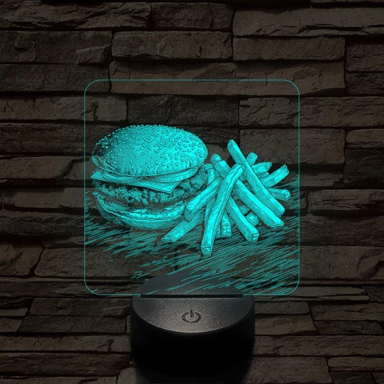Street food sajtburger és krumpli 7 színű, valósághűen gravírozott 3D led lámpa
