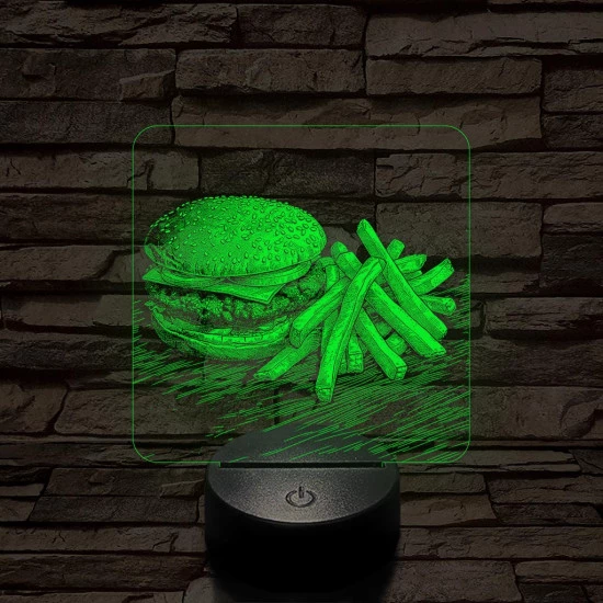 Street food sajtburger és krumpli 7 színű, valósághűen gravírozott 3D led lámpa