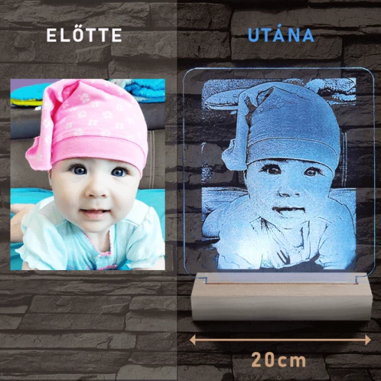 Nagy szív rózsával és kis szívekkel, egyedi fotógravírozás fatalppal 7 színű 3D led lámpa
