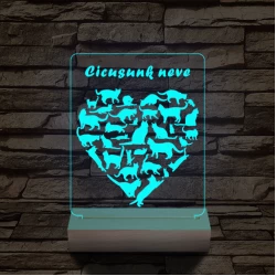 Cica szív személyre szabott 20 cm fa talppal 7 színű 3D led lámpa