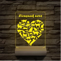 Cica szív személyre szabott 20 cm fa talppal 7 színű 3D led lámpa