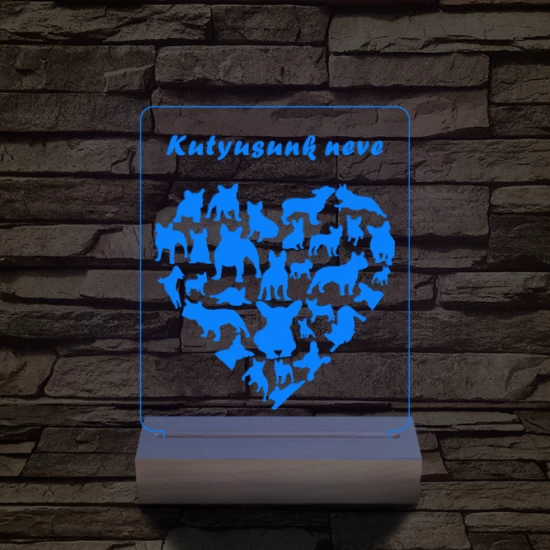 Francia bulldog szív személyre szabott 20 cm fa talppal 7 színű 3D led lámpa