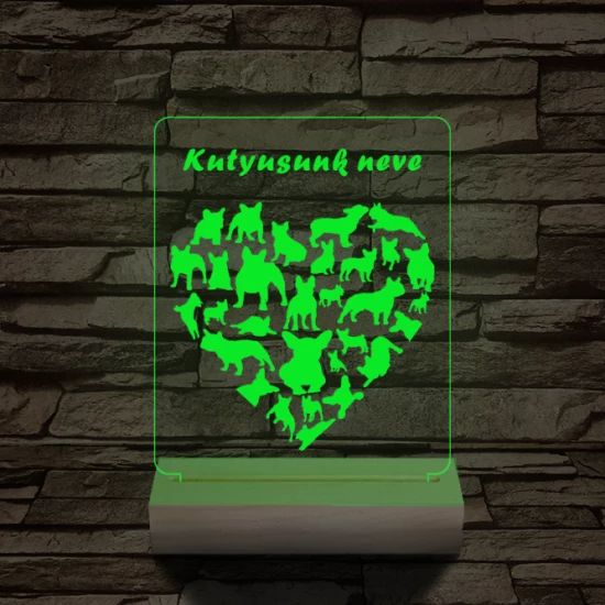 Francia bulldog szív személyre szabott 20 cm fa talppal 7 színű 3D led lámpa