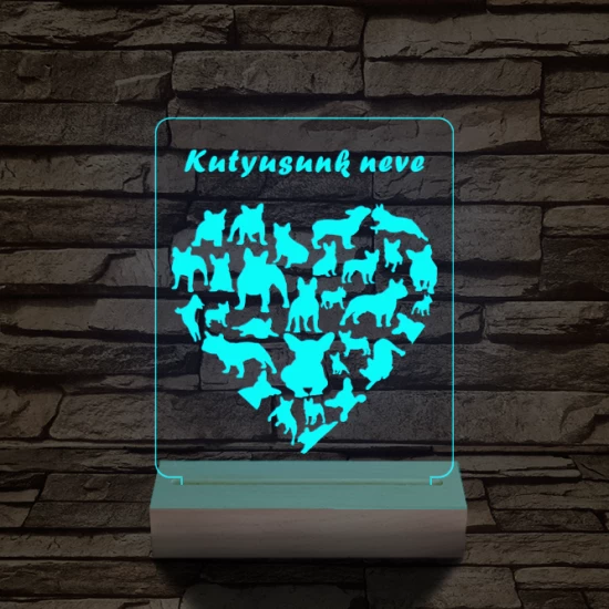 Francia bulldog szív személyre szabott 20 cm fa talppal 7 színű 3D led lámpa