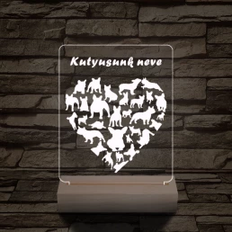Francia bulldog szív személyre szabott 20 cm fa talppal 7 színű 3D led lámpa