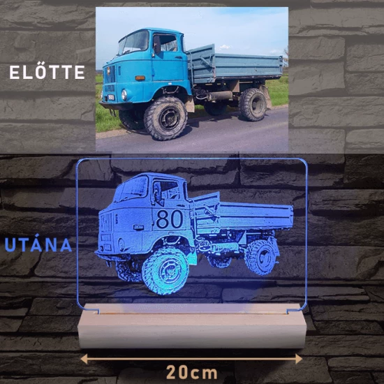 Nagy szív rózsával és kis szívekkel, egyedi fotógravírozás fatalppal 7 színű 3D led lámpa