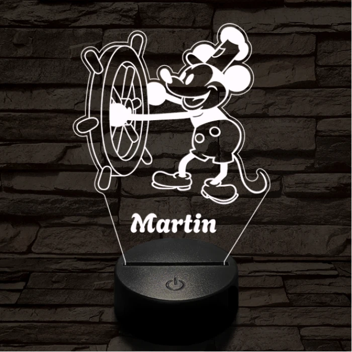 Steamboat Willie rajzfilm egér, névre szabható grafika - 7 színű, színváltós LED lámpa