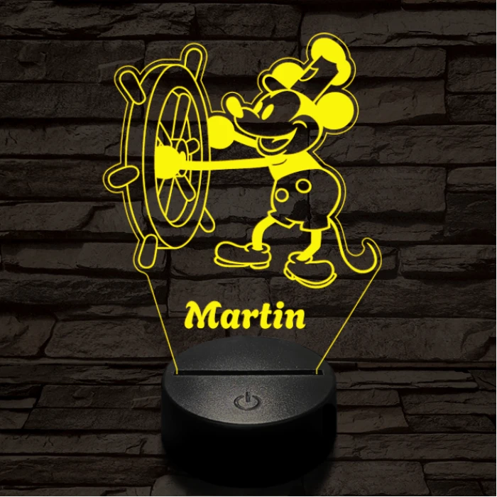 Steamboat Willie rajzfilm egér, névre szabható grafika - 7 színű, színváltós LED lámpa