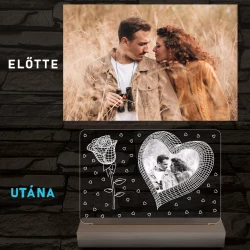 Nagy szív rózsával és kis szívekkel, egyedi fotógravírozás fatalppal 7 színű 3D led lámpa