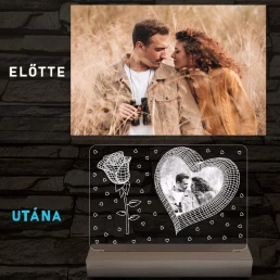 Nagy szív rózsával és kis szívekkel, egyedi fotógravírozás fatalppal 7 színű 3D led lámpa
