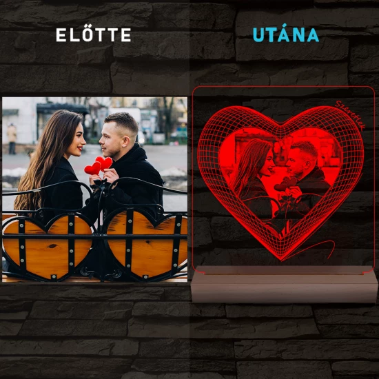 Hálós szív gravírozható képpel és szöveggel, egyedi fotógravírozás fatalppal 7 színű 3D led lámpa